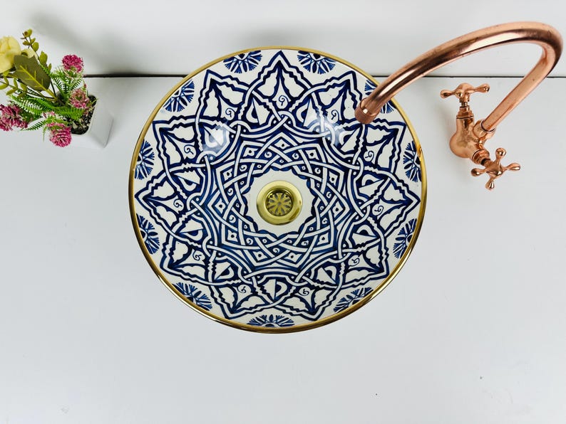 Blue Porcelain and Brass Edge Basin Bowl, Vanity Bathroom Vessel Sink