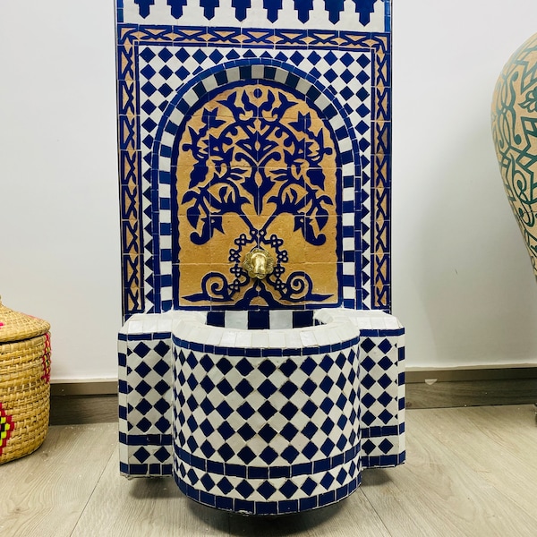 Blue & Beige With White Background - Tree of Life - Moroccan Tile Fountain - Moroccan Mosaic Fountain - Garden and Indoor fountain