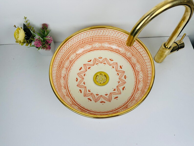 Custom Made Ceramic Bathroom Vessel Sink, Orange Sink Handmade, Brass