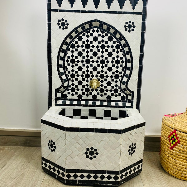 Fuente de azulejos marroquíes azules y blancos - Fuente de mosaico marroquí - Fuente de mosaico de pared - Fuente de jardín e interior