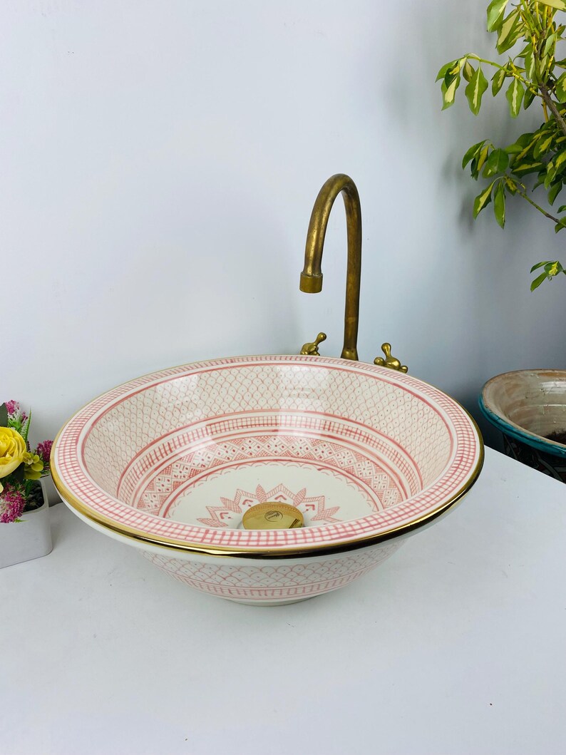 Luxury Pink Ceramic Sink With Brass Edge, Gold Vanity Bathroom Vessel