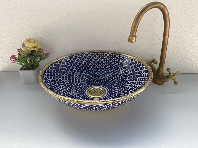 Blue Fish Scale Ceramic & Solid Brass Edge Sink, Vanity Bathroom Vessel