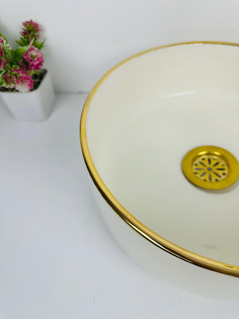 Minimalist off White Sink, Solid Brass Rim Rustic Bathroom Vessel Sink
