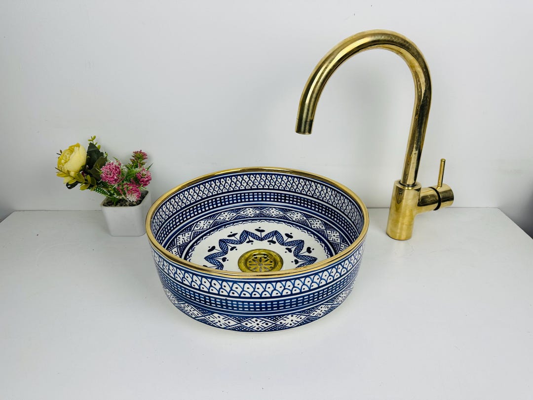 CHBKA Blue Sink, Brass Rim Edge Handmade Washbasin Sink, Vanity Vessel