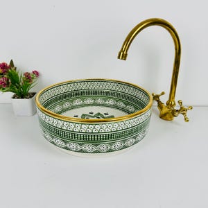 Handmade Green Ceramic Sink: Rustic Brass Edge Vessel Basin