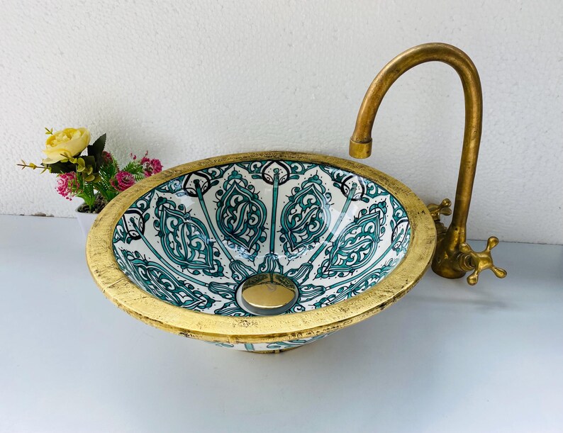 Luxury Green Ceramic Sink With Solid Brass Edge, Rustic Vanity Bathroom