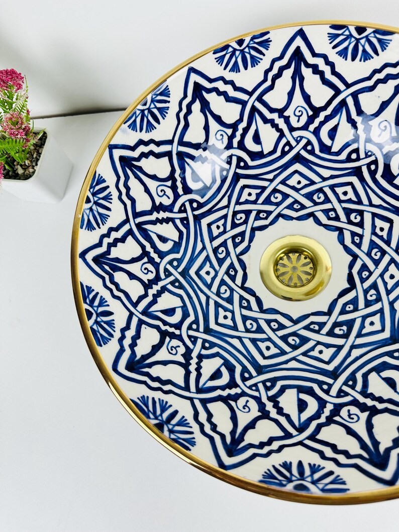 Blue Porcelain and Brass Edge Basin Bowl, Vanity Bathroom Vessel Sink