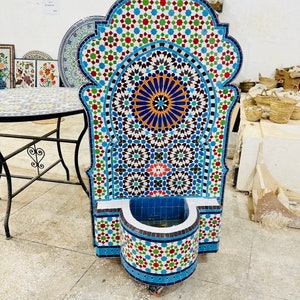 Garden Moroccan fountain mosaic , Moroccan Tile Fountain , Moroccan Mosaic Fountain , Wall mosaic fountain .