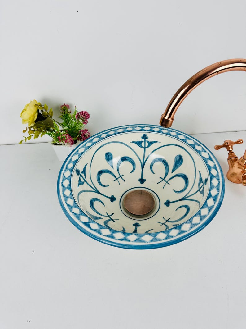 Curious Blue Vanity Sink, Handmade Lavatory Ceramic Basin Round
