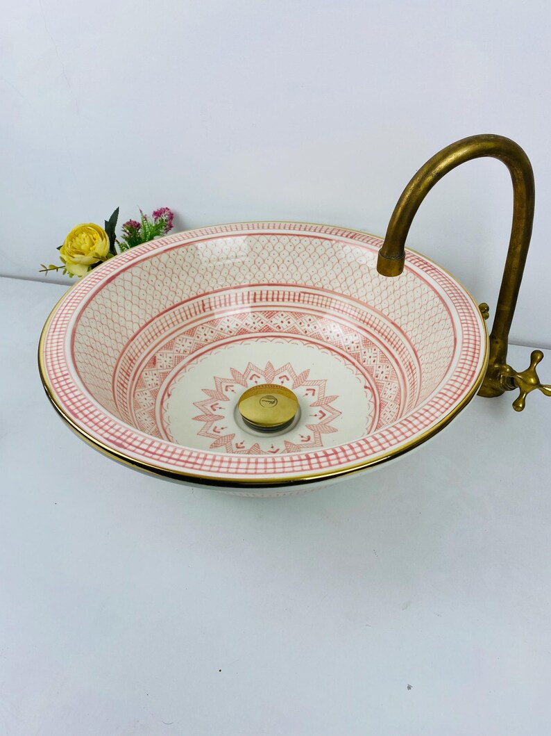 Luxury Pink Ceramic Sink With Brass Edge, Gold Vanity Bathroom Vessel
