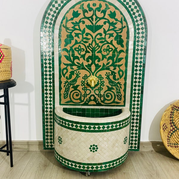 Fuente de azulejos marroquíes verdes y beige - Fuente de mosaico marroquí - Fuente de mosaico de pared - Fuente de jardín e interior