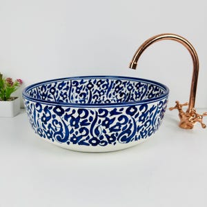 custom made Blue floral sink, ceramic washbasin sink, bathroom vessel sink bowl, Countertop hand painted basin