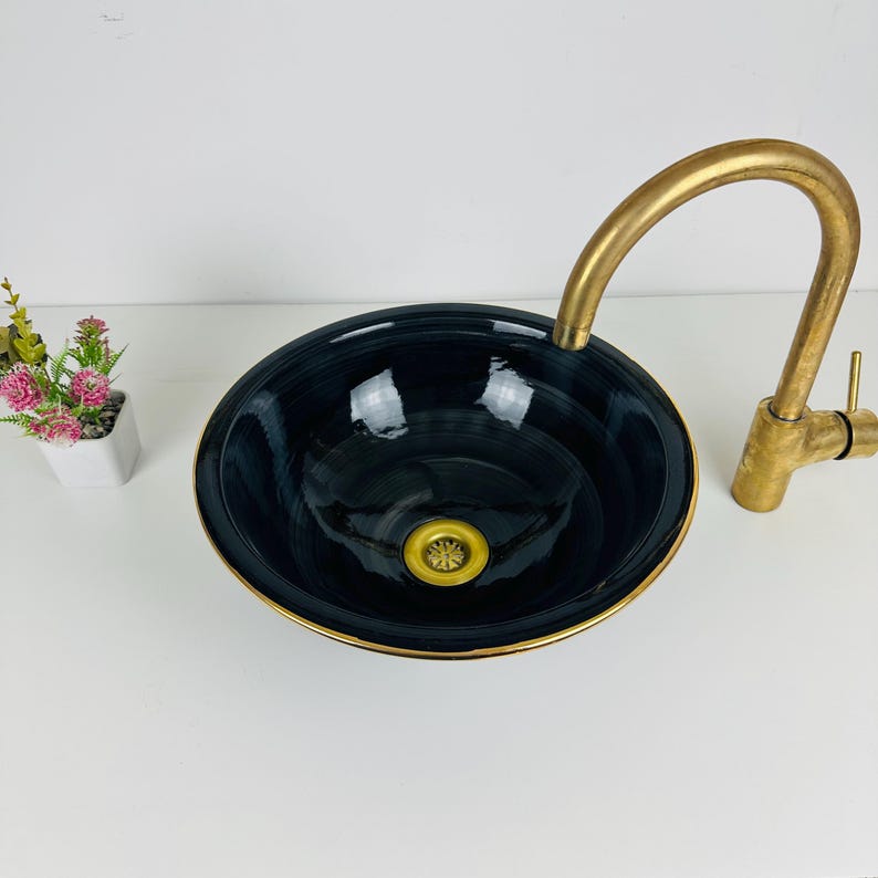 Luxury Deep Black Ceramic Sink With Brass Edge, Gold Vanity Bathroom