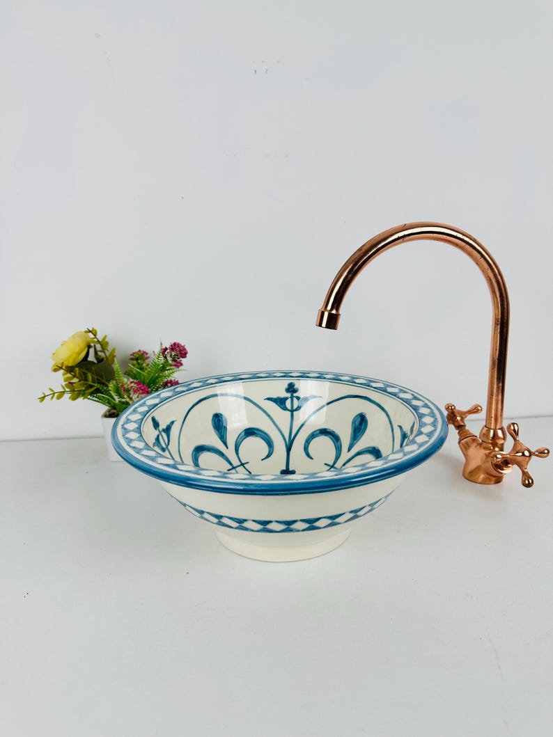 Curious Blue Vanity Sink, Handmade Lavatory Ceramic Basin Round