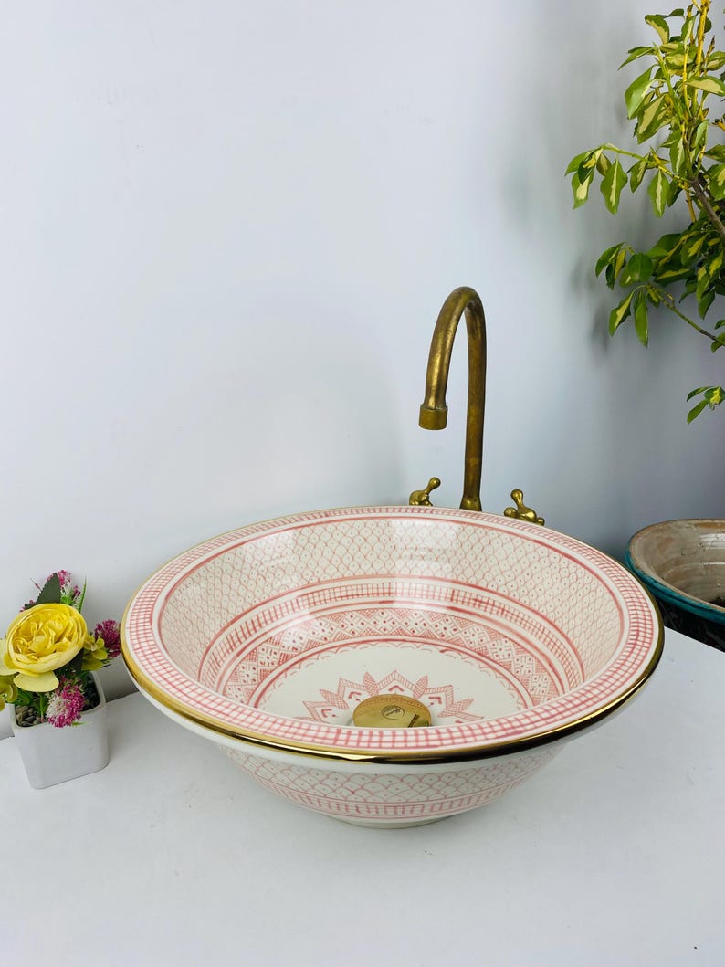 Luxury Pink Ceramic Sink With Brass Edge, Gold Vanity Bathroom Vessel