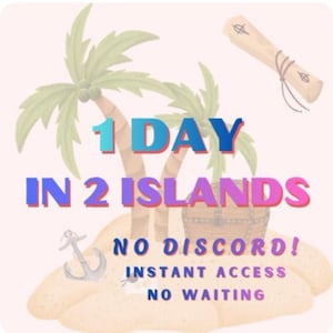 Könnte beinhalten: Eine Illustration mit tropischem Inselthema. Der Text lautet "1 TAG AUF 2 INSELN" in farbigen Farbverläufen. Zusätzlicher Text lautet "NO DISCORD! SOFORTIGER ZUGRIFF KEIN WARTEN". Palmen, eine Schatzkiste, ein Anker und eine Schriftrolle sind ebenfalls abgebildet.