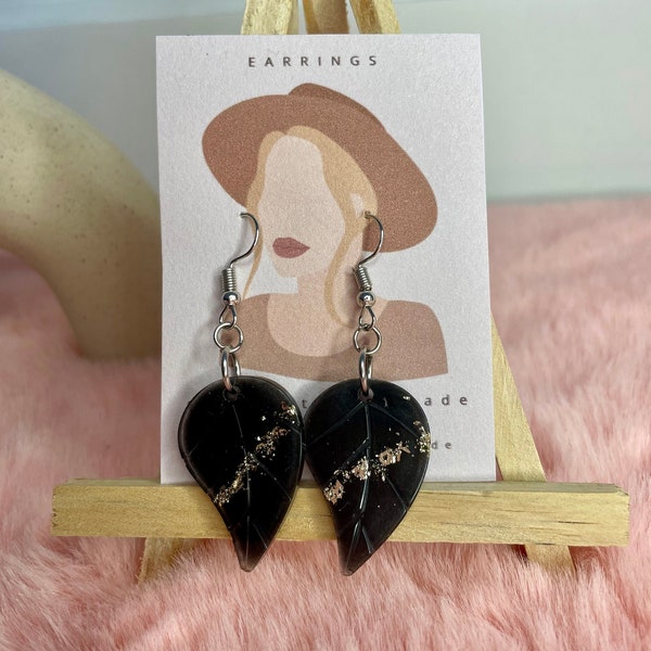 Black leaf two-tone earrings with gold sparkles, cute earrings, unique jewelry