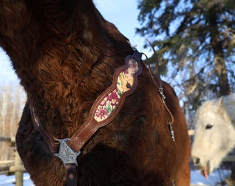 Bruin leren leren borsttuig met bloemen