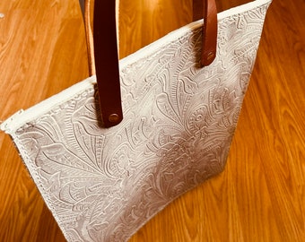 Rustieke leren tas met bloemenprint, tas voor iPad, tablet, enz.