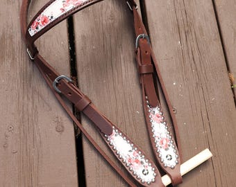 Bruin leren frontriem met bloemen