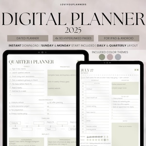 Digital Planner 2025, Goodnotes Notability Android iPad Compatible, 2025 Digital Planner Quarter Layout, Daily Quarterly Hyperlinked Planner