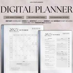 2025 Digitaler Planer für Remarkable 2-Vorlage, vollständig mit Hyperlinks versehener Planer, Sonntag oder Montag Start, Planer für monatliche und wöchentliche Seiten