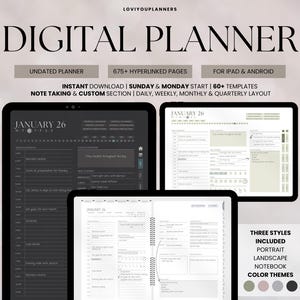 以下が含まれることがあります： 上部に「DIGITAL PLANNER」というテキストが入ったデジタルプランナー。画像には、日次、週次、月次のビューを含む、タブレット上の3つのデジタルプランナーレイアウトが表示されています。日付なしプランナー、675以上のハイパーリンクページ、60以上のテンプレートが含まれています。