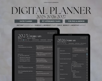 Planificador digital 2025, 2026 y 2027, Goodnotes Notability compatible con Android y iPad, Planificador digital 2025, Planificador diario, semanal, mensual con hipervínculos