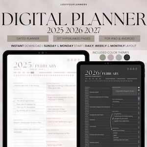 Digital Planner 2025 2026 2027, Goodnotes Notability Android iPad Compatible, 2025 Digital Planner, Daily Weekly Monthly Hyperlinked Planner