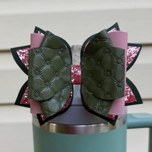 Textured Olive green, matte pink, sparkly pink tumbler bow