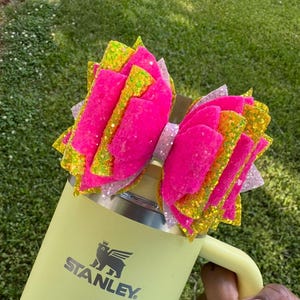 Hot bright pink and light pink with bright lemonade yellow tumbler bow