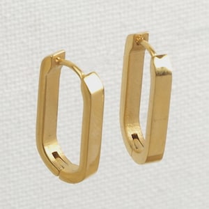 May include: A pair of gold-colored rectangular hoop earrings. The earrings have a simple, geometric design with a hinged closure. The earrings are shown against a white background.