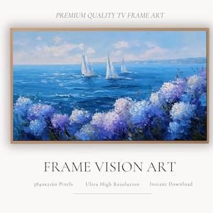 Hydrangea & Sailboat TV Art • Coastal Summer Scene • Blue Floral Oil Painting • Samsung Frame TV Download • Nautical 4K TV Frame Art