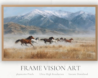 Puede incluir: Una impresión artística enmarcada que representa una manada de caballos corriendo por un campo, con montañas al fondo. La obra de arte está enmarcada en un marco de madera marrón claro. El texto "PREMIUM QUALITY TV FRAME ART" y "FRAME VISION ART" son visibles.