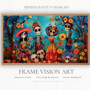 Day of the Dead Garden TV Art • Colourful Skeleton Folk Scene for Samsung Frame TV • Halloween Digital Download • Mexican Festival Decor