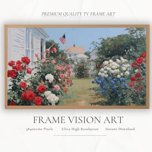 American Flag Cottage Garden TV Art | 4th of July Frame TV Download | Patriotic Floral Landscape Samsung Frame Art | Red White Blue Summer