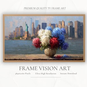 Statue of Liberty Frame TV Art – Red White Blue Hydrangeas, NYC Skyline Digital Download, 4th of July Patriotic Wall Decor