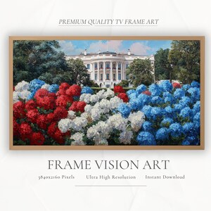 White House Hydrangea Art for Frame TV – 4th of July Digital Download, Patriotic Red White & Blue Garden Scene, Independence Day Decor