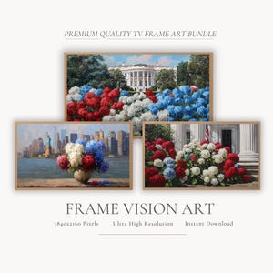Patriotic Samsung Frame TV Art Bundle – 4th of July Digital Download Set, Red White Blue Hydrangeas, USA Landmark Wall Decor (3 Pack)