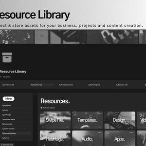K&ouml;nnte beinhalten: Ein Schwarzwei&szlig;-Screenshot einer Website-Oberfl&auml;che f&uuml;r eine Ressourcenbibliothek. Die Website hat ein Men&uuml; auf der linken Seite mit Optionen wie Roadmap, Ziele, Angebote, Pers&ouml;nliche Marke, Style Guide, Kundenprozess, Ressourcenbibliothek, Events und Business Hub. Die rechte Seite des Bildschirms zeigt die &Uuml;berschrift "Ressourcen". Unter der &Uuml;berschrift befinden sich neun Kacheln mit Bildern und Text. Die Kacheln sind mit "Swipe File", "Vorlagen", "Design", "Video Assets", "Hashtags", "Audio", "Apps" und "Links" beschriftet.