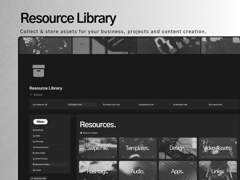 K&ouml;nnte beinhalten: Ein Schwarzwei&szlig;-Screenshot einer Website-Oberfl&auml;che f&uuml;r eine Ressourcenbibliothek. Die Website hat ein Men&uuml; auf der linken Seite mit Optionen wie Roadmap, Ziele, Angebote, Pers&ouml;nliche Marke, Style Guide, Kundenprozess, Ressourcenbibliothek, Events und Business Hub. Die rechte Seite des Bildschirms zeigt die &Uuml;berschrift "Ressourcen". Unter der &Uuml;berschrift befinden sich neun Kacheln mit Bildern und Text. Die Kacheln sind mit "Swipe File", "Vorlagen", "Design", "Video Assets", "Hashtags", "Audio", "Apps" und "Links" beschriftet.