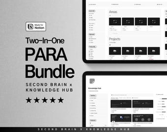 May include: A screenshot of a computer screen showing a Notion workspace with the text "Two-In-One PARA Bundle" and "SECOND BRAIN X KNOWLEDGE HUB". The workspace is divided into sections labeled "Areas", "Projects", and "Knowledge Hub".