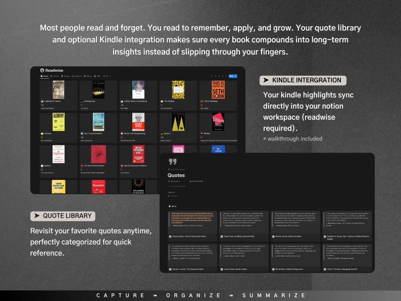 May include: Screenshot of a computer screen displaying a software application called Readwise. The application has a dark background and features a quote library, Kindle integration, and a section for capturing, organising, and summarising information. The text "Capture - Organise - Summarise" is displayed at the bottom of the screen.