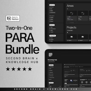 May include: A digital product bundle for Notion, with a dark interface showcasing areas, projects, and knowledge hubs. The text reads "Two-In-One PARA Bundle" with "Second Brain x Knowledge Hub" below.