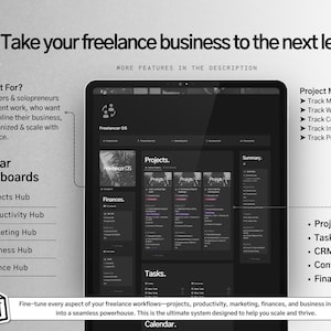 K&ouml;nnte beinhalten: Ein Screenshot eines Computerbildschirms, der eine dunkel gestaltete Software-Oberfl&auml;che f&uuml;r Freiberufler zeigt. Die Software bietet Funktionen f&uuml;r die Verwaltung von Projekten, Finanzen, Produktivit&auml;t, Marketing und Gesch&auml;ftsinformationen. Der Text "Freelancer OS" ist im oberen linken Bereich des Bildschirms sichtbar.