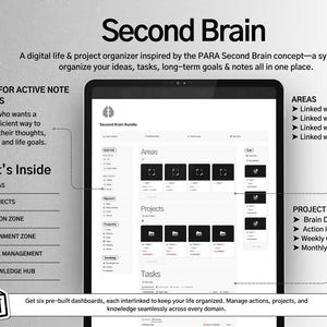 May include: A screenshot of a computer screen showing a digital life and project organizer called "Second Brain". The app is designed to help users organize their ideas, tasks, long-term goals, and notes. The app features six pre-built dashboards, each interlinked to keep your life organized. Manage actions, projects, and knowledge seamlessly across every domain.