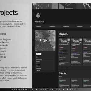 K&ouml;nnte beinhalten: Ein Screenshot einer Website-Oberfl&auml;che, die ein Dashboard zur Projektverwaltung zeigt. Das Dashboard enth&auml;lt Abschnitte f&uuml;r Kundenprojekte, Lead-Tracker, Zeitbl&auml;tter, Angebote, Vertr&auml;ge, Rechnungen, Meetings und CRM. Die Website ist mit einem dunklen Hintergrund und wei&szlig;em Text gestaltet.