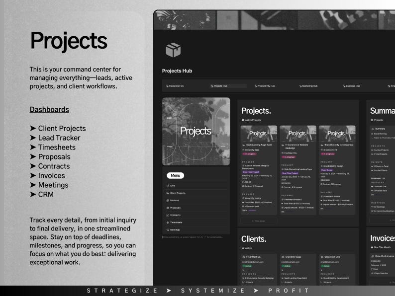 K&ouml;nnte beinhalten: Ein Screenshot einer Website-Oberfl&auml;che, die ein Dashboard zur Projektverwaltung zeigt. Das Dashboard enth&auml;lt Abschnitte f&uuml;r Kundenprojekte, Lead-Tracker, Zeitbl&auml;tter, Angebote, Vertr&auml;ge, Rechnungen, Meetings und CRM. Die Website ist mit einem dunklen Hintergrund und wei&szlig;em Text gestaltet.