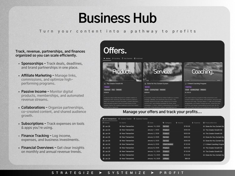 May include: A digital marketing platform interface titled "Business Hub" with the tagline "Turn your content into a pathway to profits." The interface shows options for managing offers, tracking finances, and scaling content.