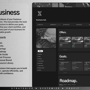 K&ouml;nnte beinhalten: Ein Schwarzwei&szlig;-Screenshot einer Website-Oberfl&auml;che f&uuml;r einen Business Hub. Die Website verf&uuml;gt &uuml;ber ein Men&uuml; mit Optionen f&uuml;r Ziele, Events, Angebote, Roadmap, Style Guide, Kundenprozess, pers&ouml;nliche Marke und Ressourcenbibliothek. Die Website hat auch einen Bereich f&uuml;r Angebote, Ziele und Roadmap.